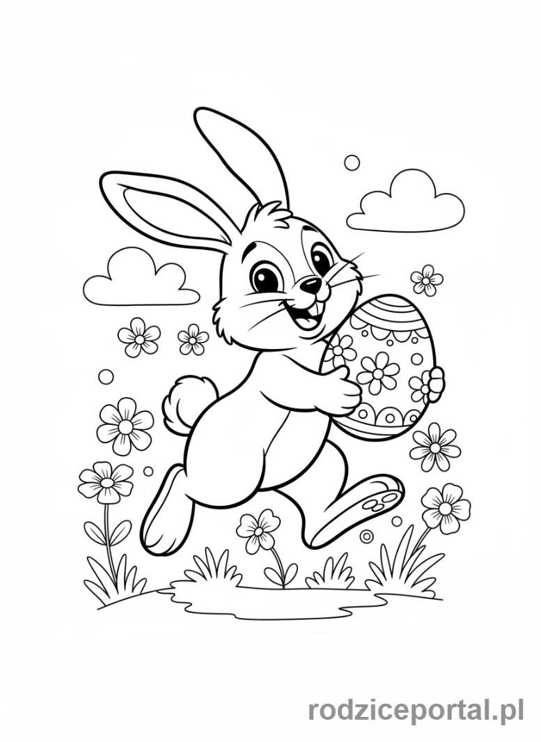 Kolorowanka Wielkanoc - Zajączek wielkanocny skaczący z jajkiem