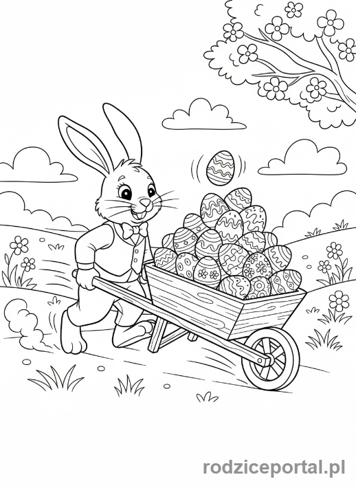 Kolorowanka Wielkanoc - Zajączek z taczką pełną jajek