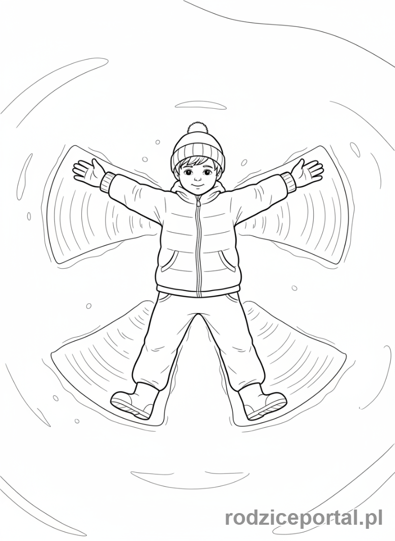 Kolorowanka Zimowe - Chłopiec robiący aniołka na śniegu.