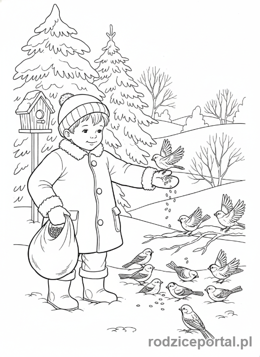 Kolorowanka Zimowe - Chłopiec rzucający jedzenie ptakom.