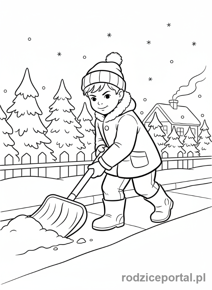 Kolorowanka Zimowe - Chłopiec z łopatą odśnieżający chodnik.
