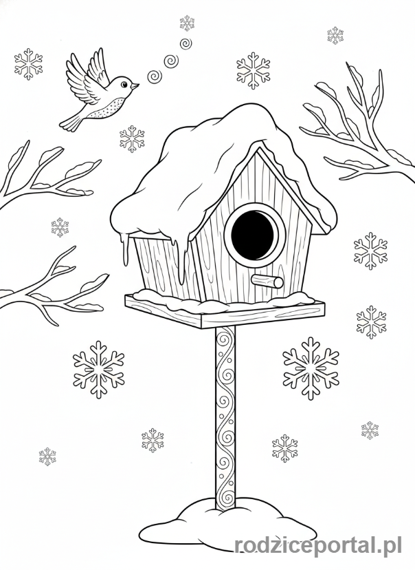 Kolorowanka Zimowe - Domek dla ptaków zasypany śniegiem.