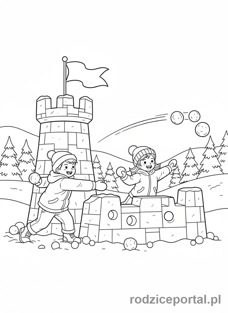 Kolorowanka Zimowe - Dzieci broniące fortecy ze śniegu