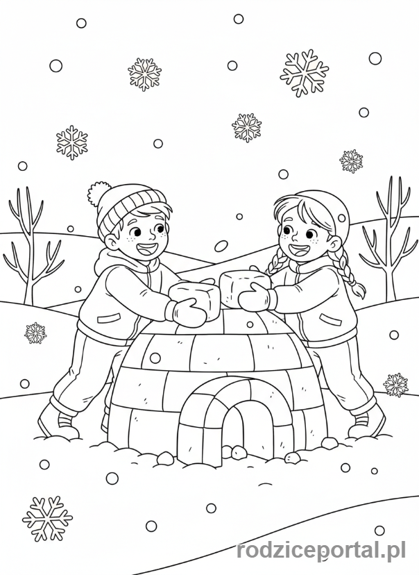Kolorowanka Zimowe - Dzieci budujące igloo