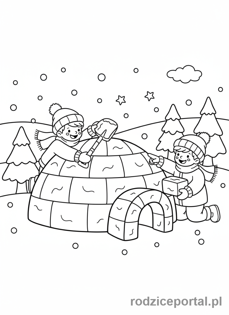 Kolorowanka Zimowe - Dzieci budujące igloo.