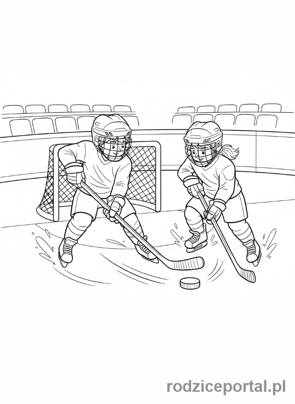 Kolorowanka Zimowe - Dzieci grające w hokeja na lodzie.