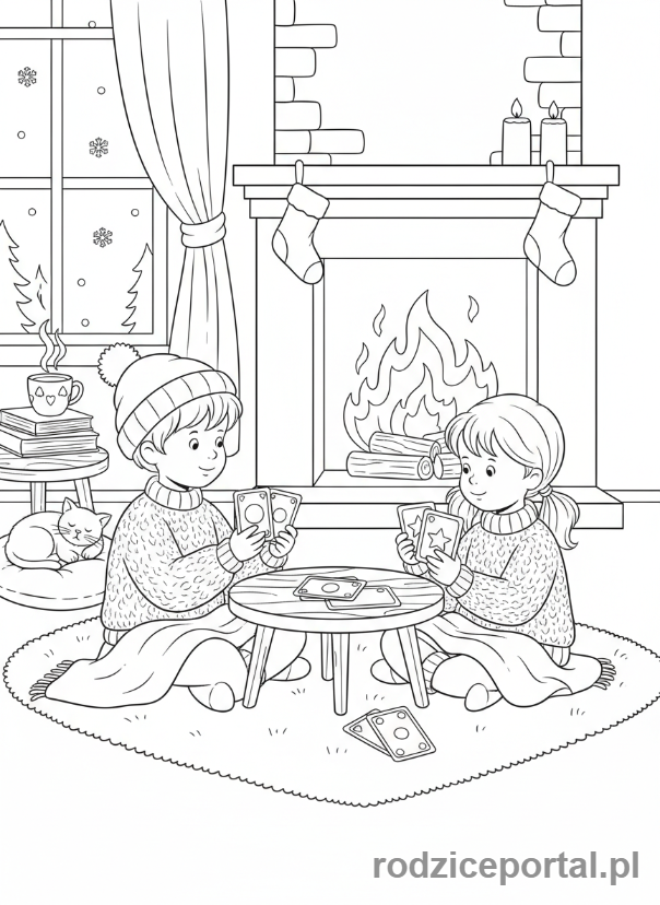 Kolorowanka Zimowe - Dzieci grające w karty w ciepłym pomieszczeniu.