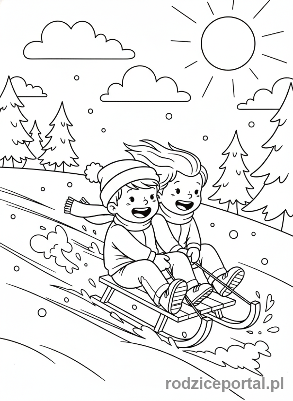 Kolorowanka Zimowe - Dzieci jeżdżące na sankach.