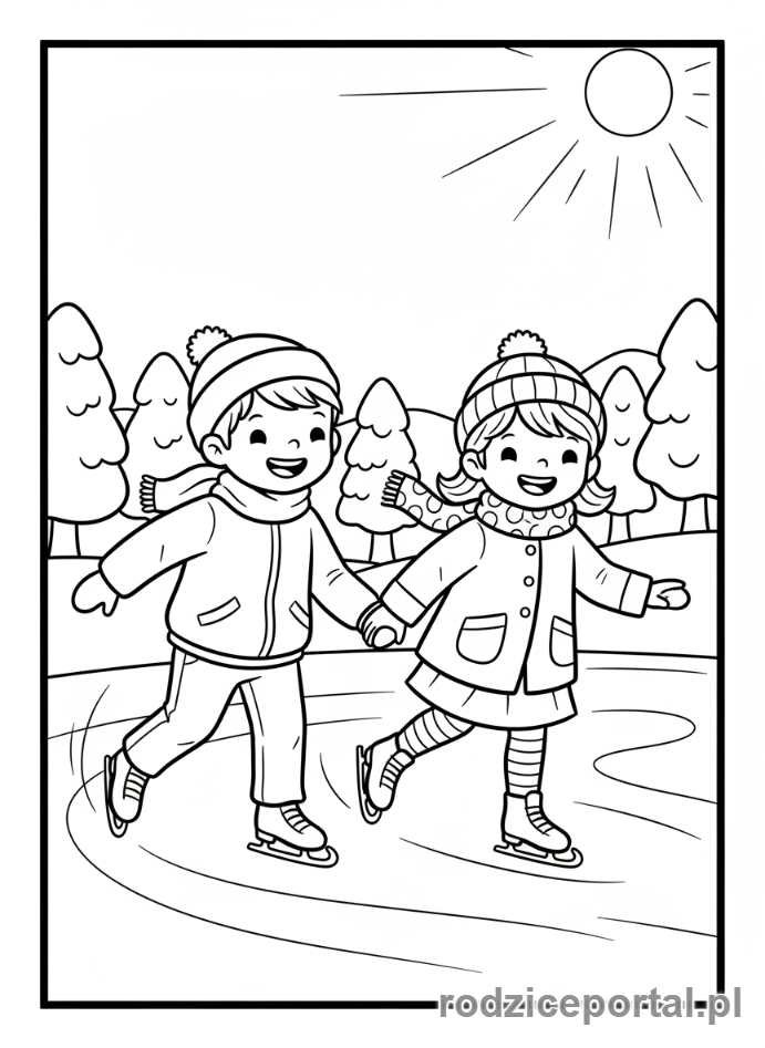 Kolorowanka Zimowe - Dzieci na łyżwach trzymające się za ręce.