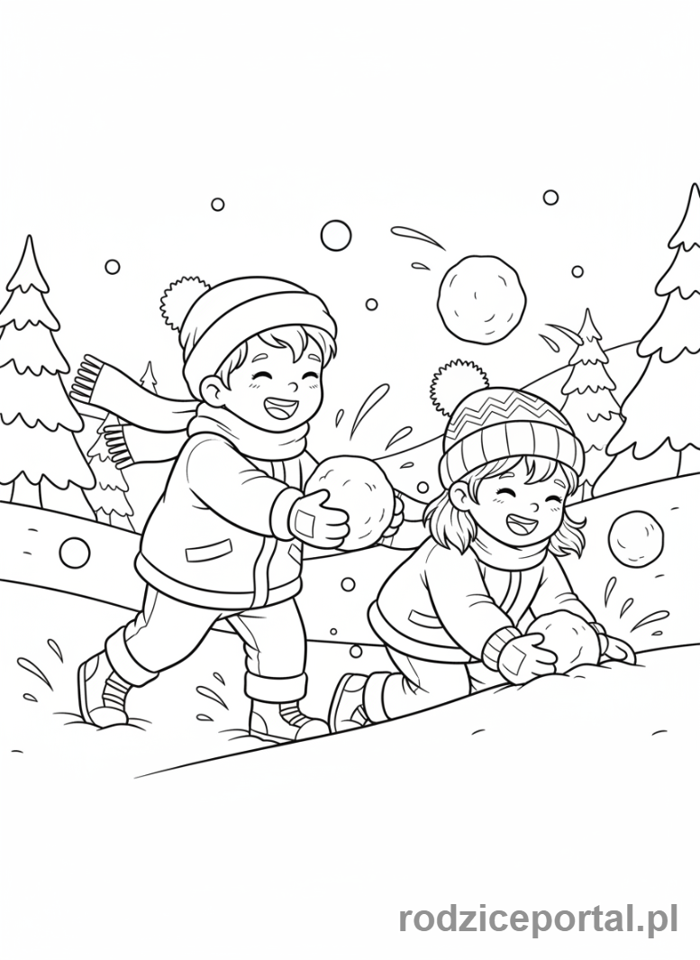 Kolorowanka Zimowe - Dzieci rzucające się śnieżkami.