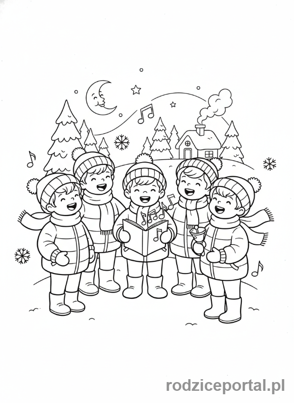 Kolorowanka Zimowe - Dzieci śpiewające piosenki zimowe.