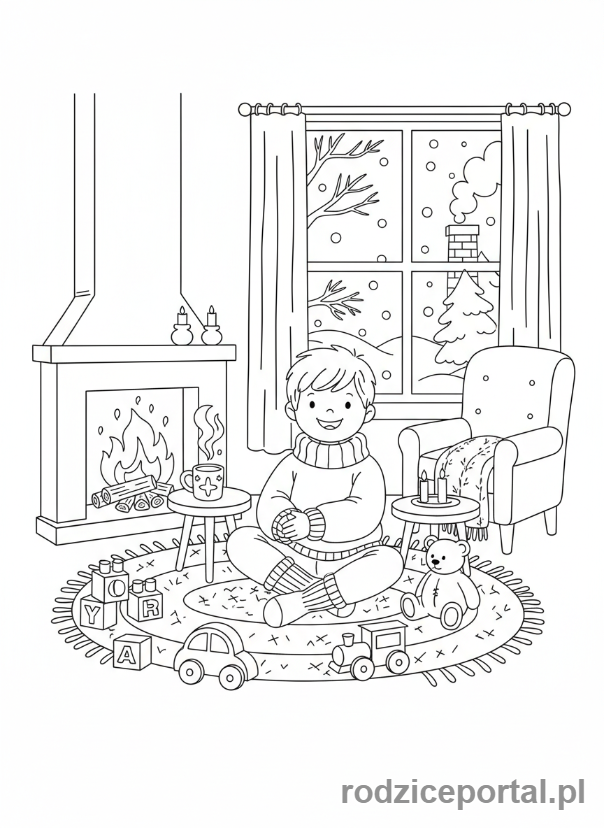 Kolorowanka Zimowe - Dziecko bawiące się zabawkami w domu.