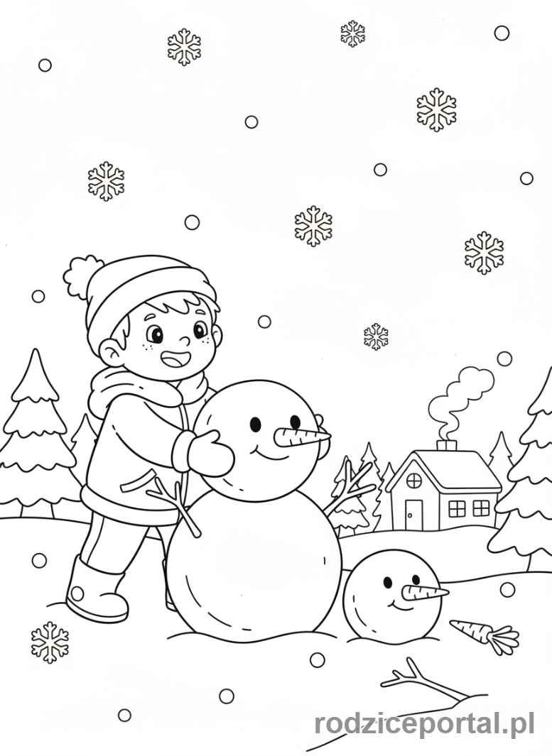 Kolorowanka Zimowe - Dziecko budujące bałwana.