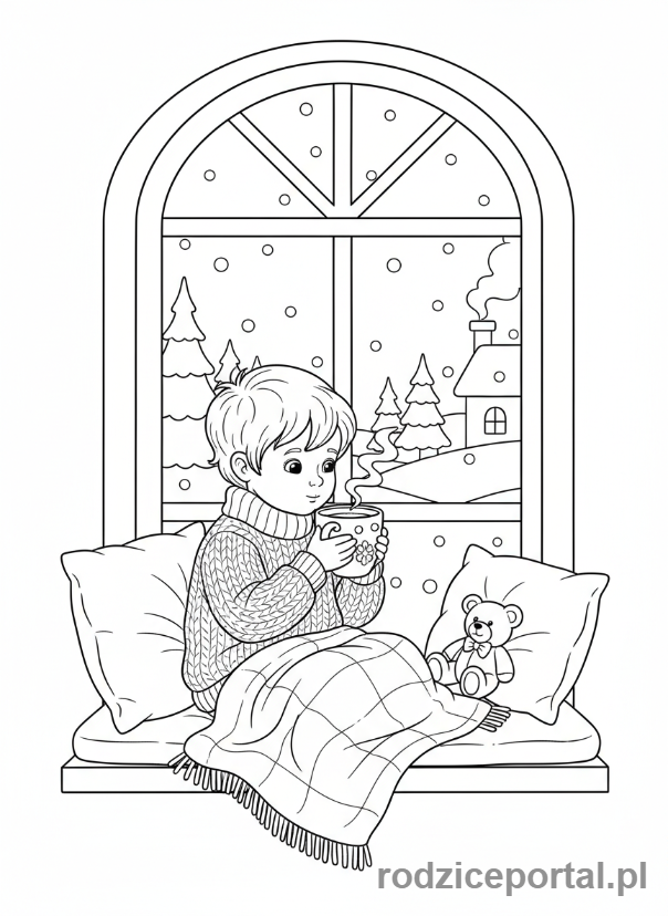 Kolorowanka Zimowe - Dziecko pijące gorącą czekoladę.