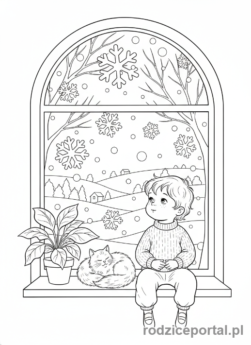 Kolorowanka Zimowe - Dziecko podziwiające spadający śnieg.