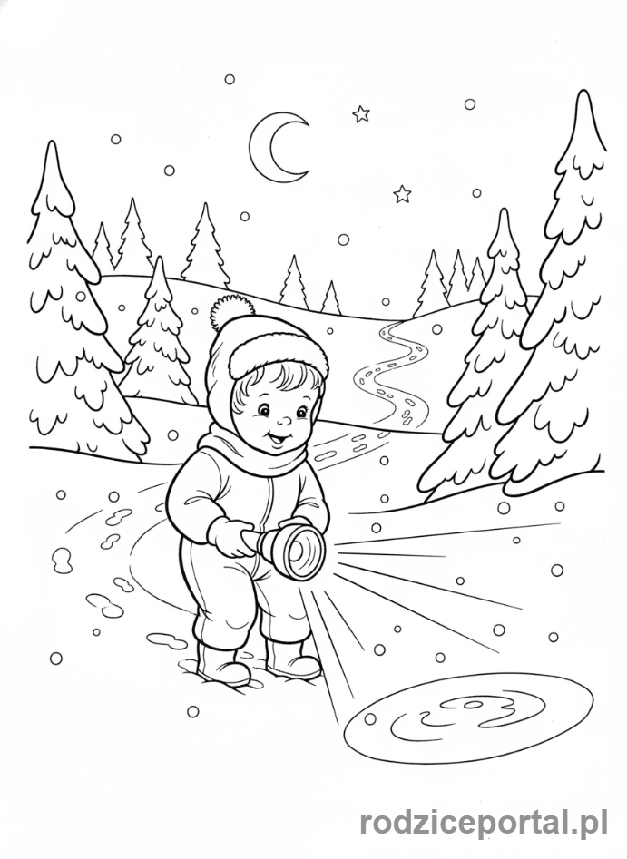 Kolorowanka Zimowe - Dziecko z latarką na śniegu nocą.