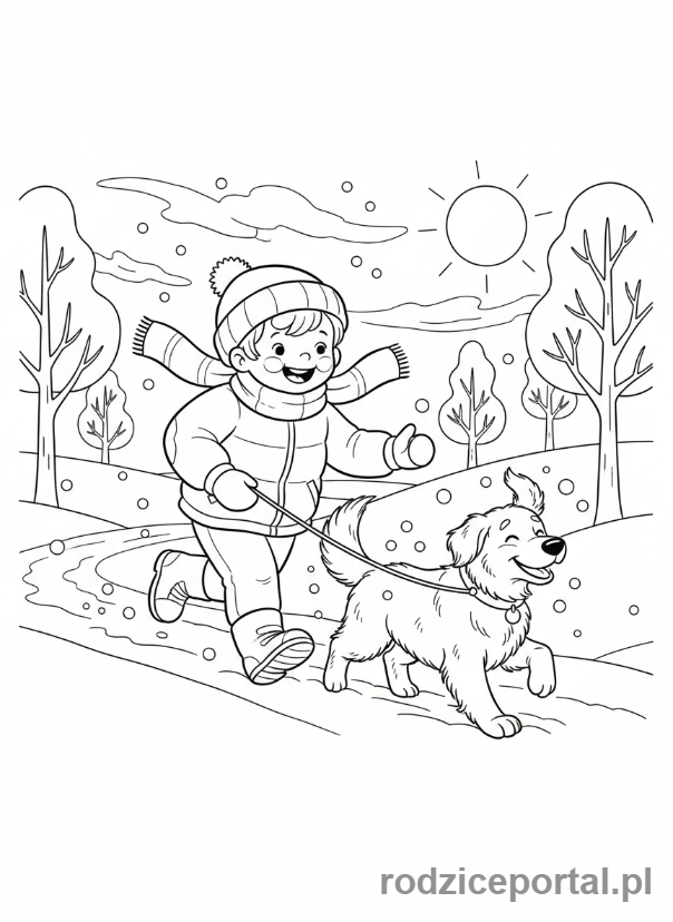 Kolorowanka Zimowe - Dziecko z psem na zimowym spacerze.