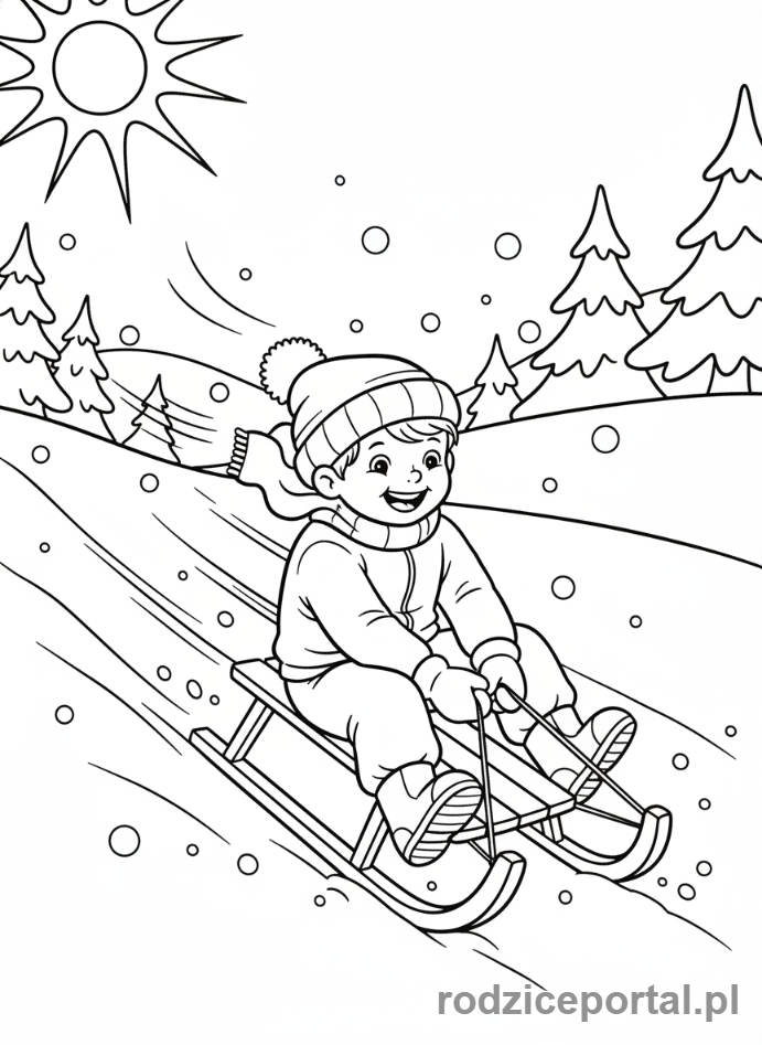 Kolorowanka Zimowe - Dziecko zjeżdżające na sankach