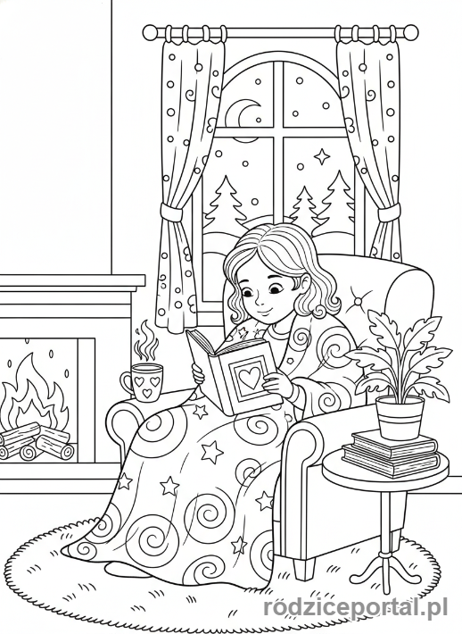 Kolorowanka Zimowe - Dziewczynka czytająca książkę pod kocem.