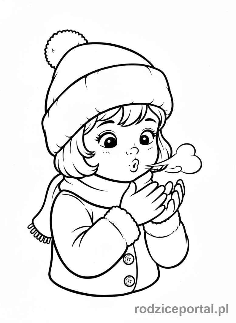 Kolorowanka Zimowe - Dziewczynka dmuchająca na zmarznięte palce.