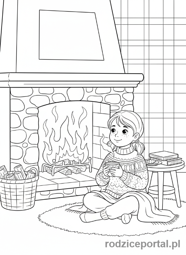 Kolorowanka Zimowe - Dziewczynka z kubkiem herbaty przy kominku.