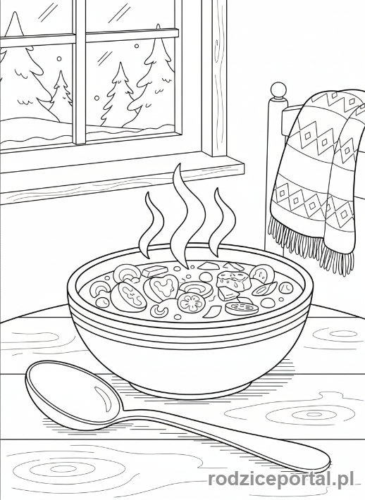 Kolorowanka Zimowe - Gorąca zupa w misce.