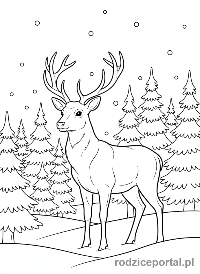 Kolorowanka Zimowe - Jeleń w zaśnieżonym lesie.