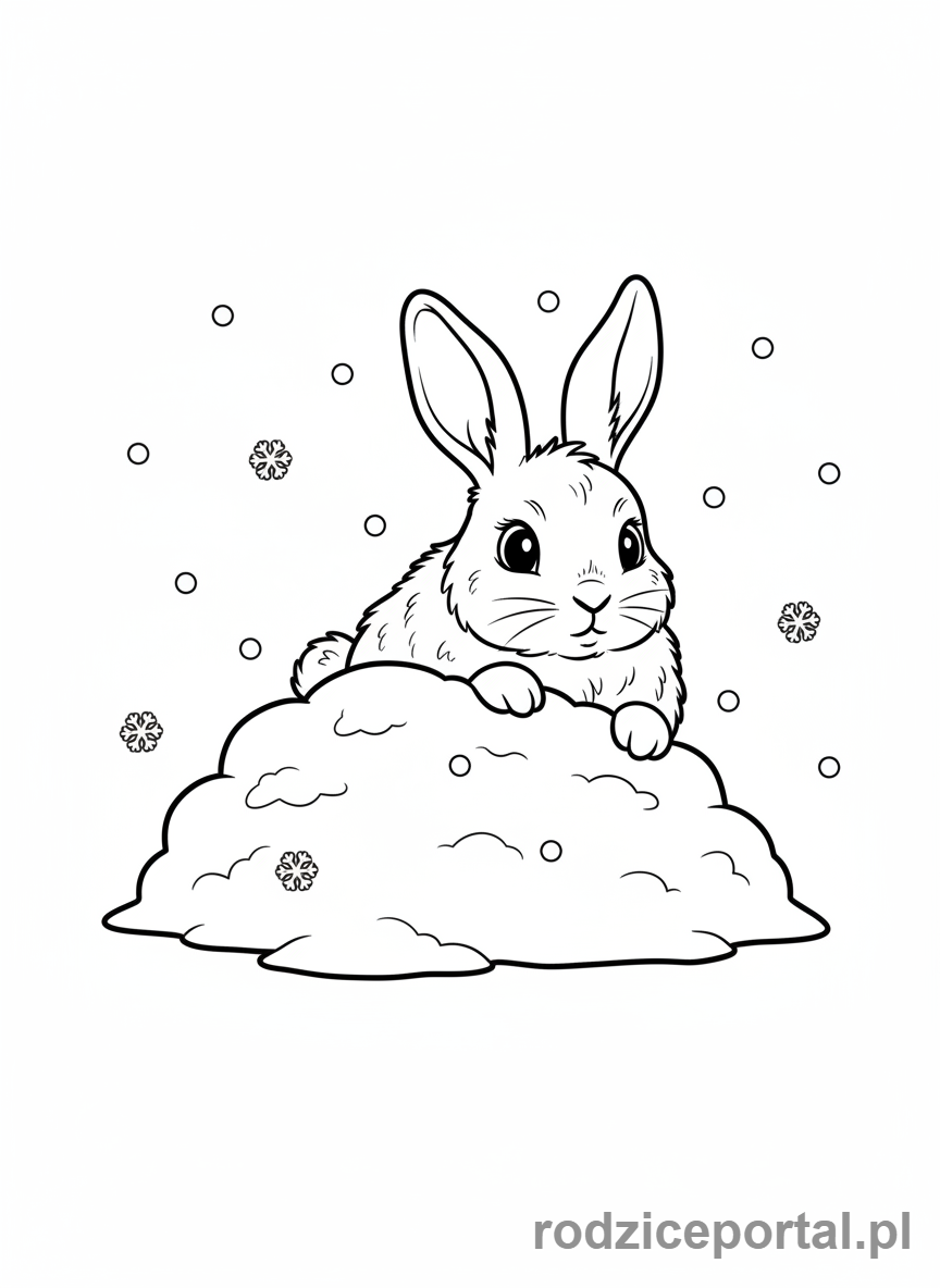 Kolorowanka Zimowe - Królik chowający się za krzakiem.