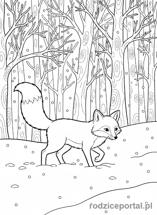 Kolorowanka Zimowe - Lis idący przez zaśnieżony las