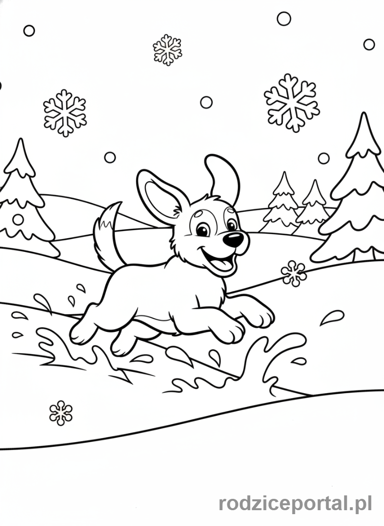 Kolorowanka Zimowe - Pies biegnący w głębokim śniegu.