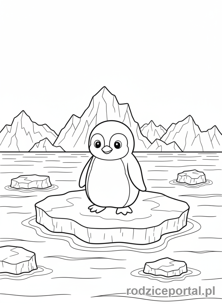 Kolorowanka Zimowe - Pingwin na krze lodowej.