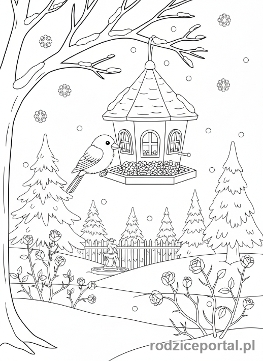 Kolorowanka Zimowe - Ptak w karmniku zimą.