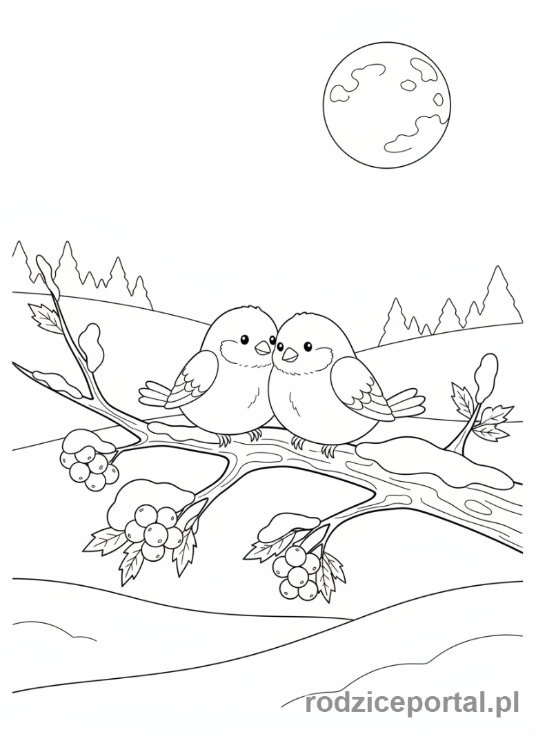 Kolorowanka Zimowe - Ptaszki na zaśnieżonej gałęzi