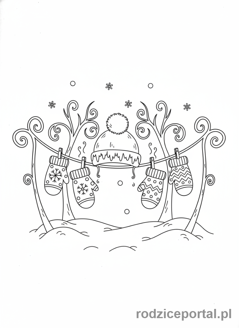 Kolorowanka Zimowe - Rękawiczki i czapka wiszące na sznurku.