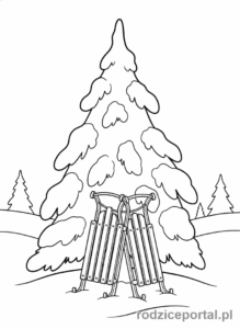 Kolorowanka Zimowe - Saneczki zaparkowane pod drzewem.