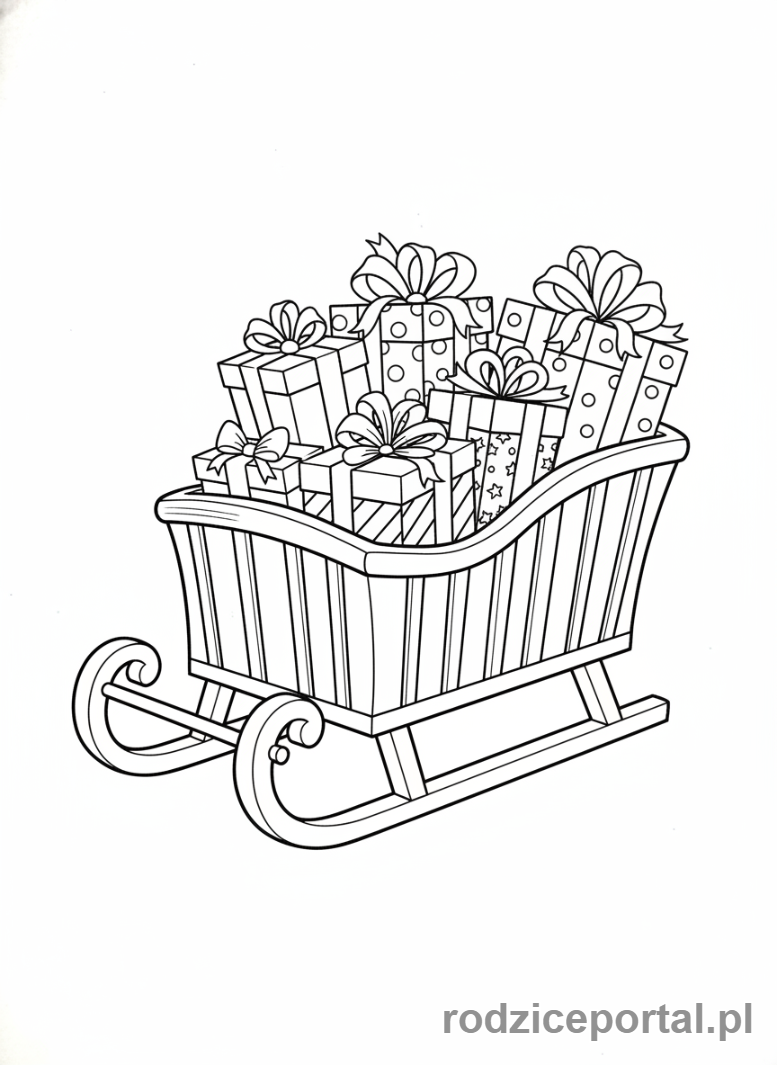Kolorowanka Zimowe - Sanki pełne prezentów.
