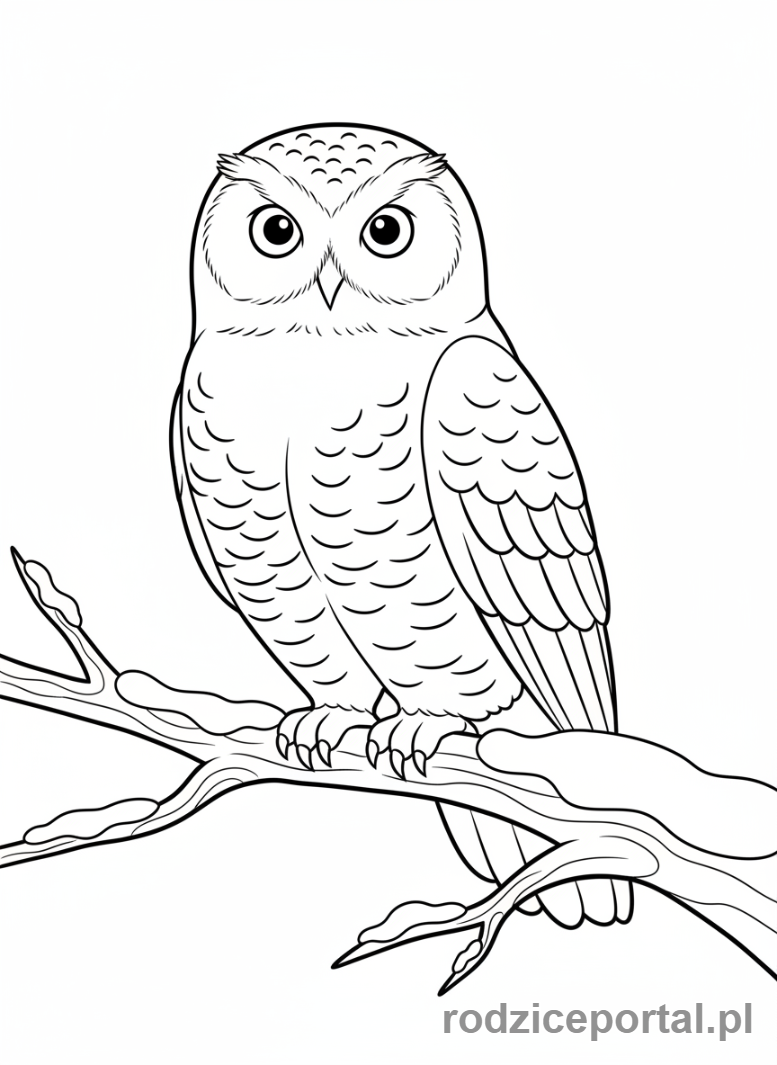 Kolorowanka Zimowe - Sowa śnieżna na gałęzi.