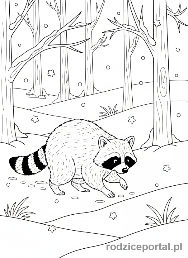 Kolorowanka Zimowe - Szop pracz w zimowym lesie.