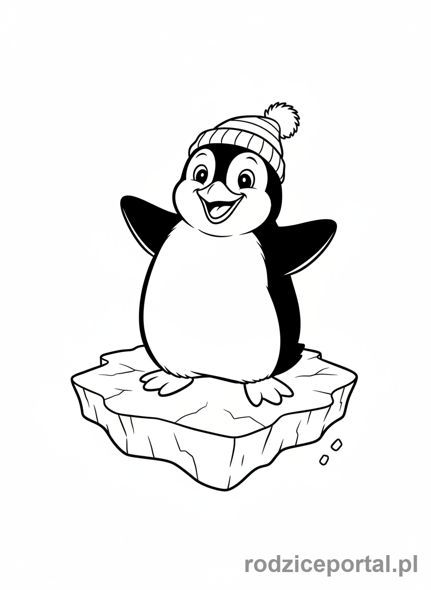 Kolorowanka Zimowe - Wesoły pingwin na lodzie