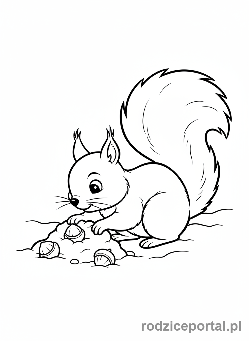 Kolorowanka Zimowe - Wiewiórka szukająca orzechów w śniegu
