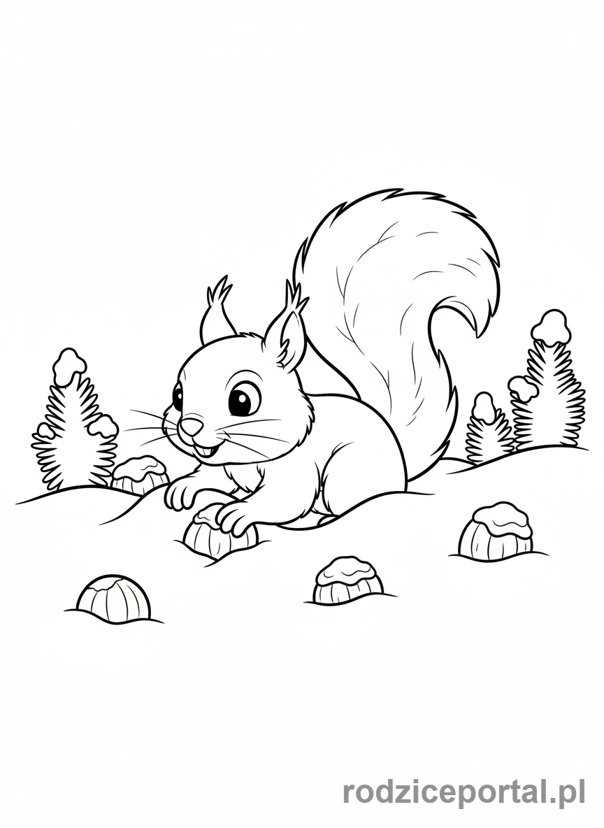 Kolorowanka Zimowe - Wiewiórka szukająca orzechów w śniegu.