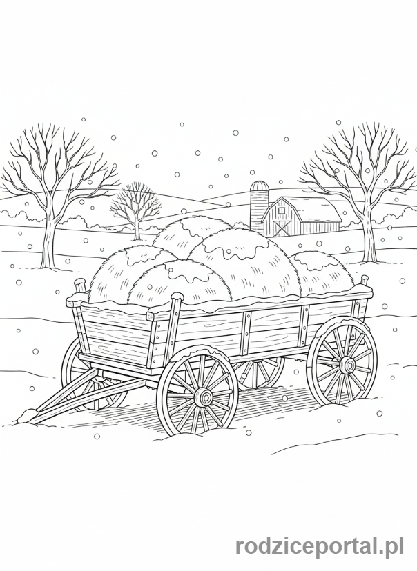 Kolorowanka Zimowe - Wóz z sianem w zimowej scenerii.
