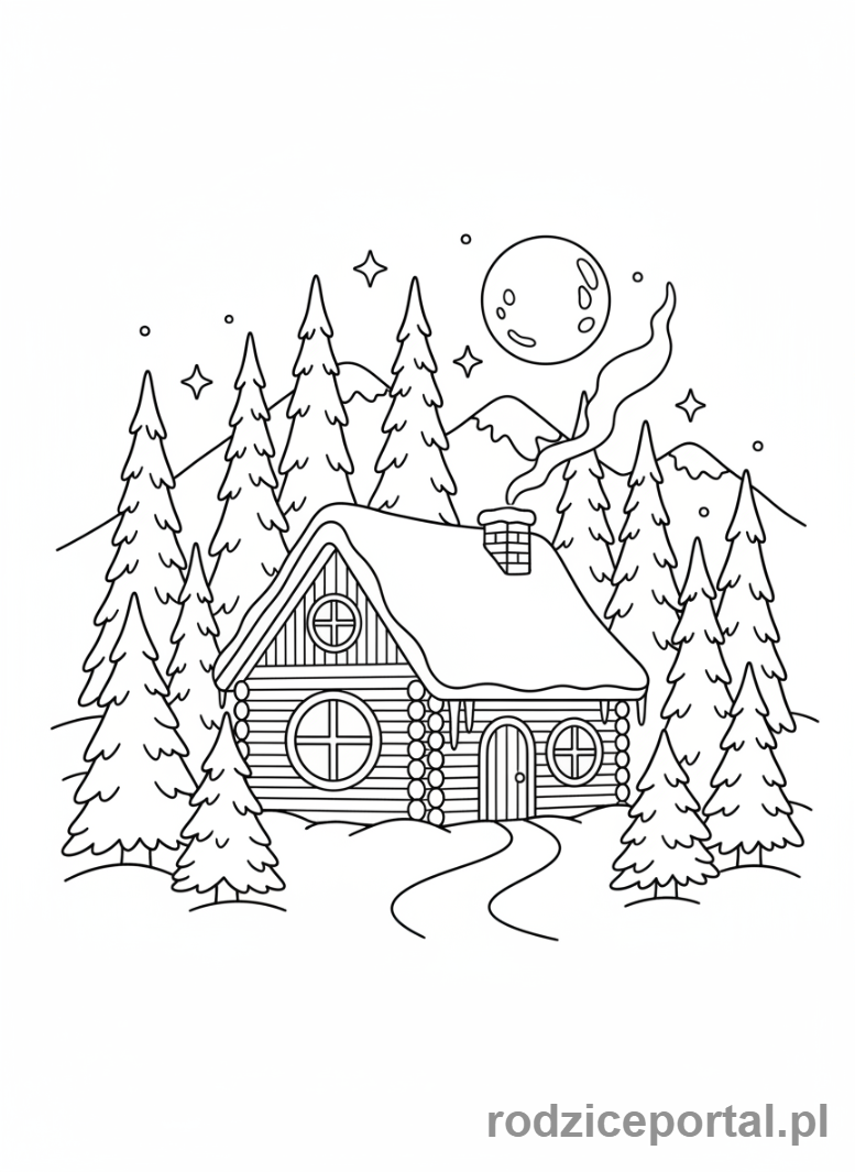 Kolorowanka Zimowe - Zasypana śniegiem chatka w lesie.