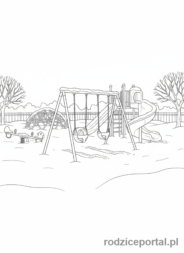 Kolorowanka Zimowe - Zasypany śniegiem plac zabaw.
