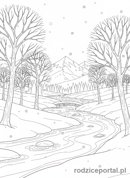 Kolorowanka Zimowe - Zimowy pejzaż z rzeką.