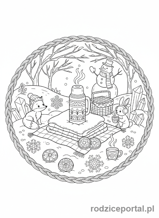 Kolorowanka Zimowe - Zimowy piknik na śniegu.