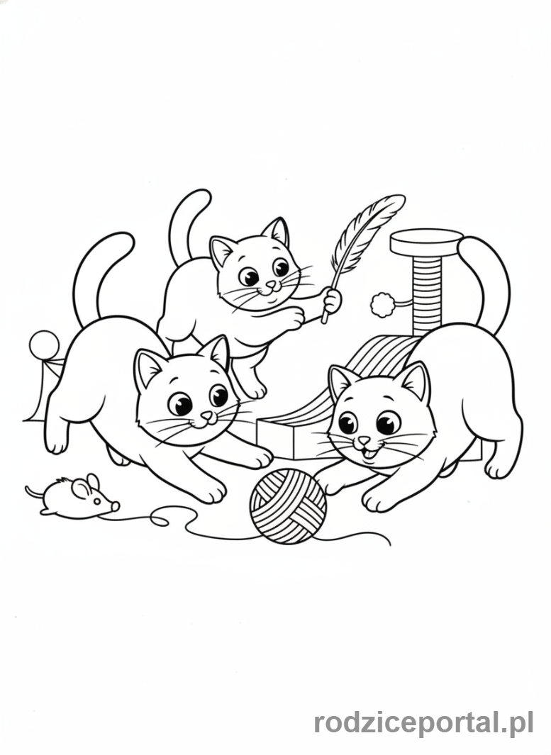 Kolorowanka Zwierzęta Domowe - Grupa trzech kotów bawiących się razem.