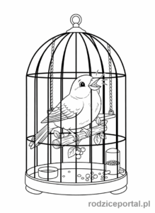 Kolorowanka Zwierzęta Domowe - Kanarek śpiewający w klatce.