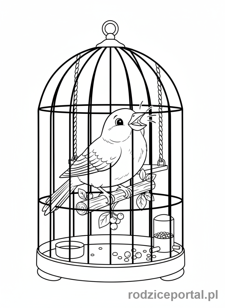 Kolorowanka Zwierzęta Domowe - Kanarek śpiewający w klatce.