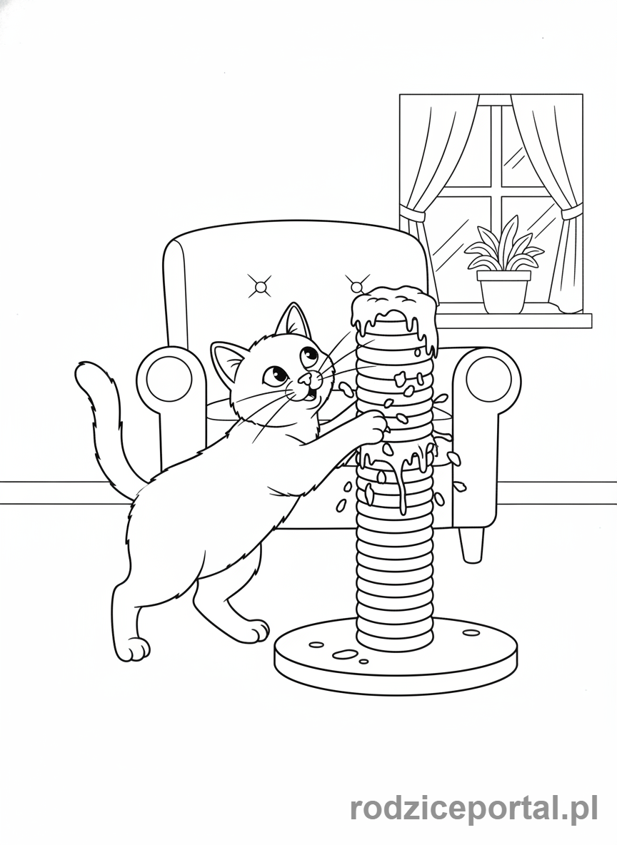 Kolorowanka Zwierzęta Domowe - Kot drapiący słupek.